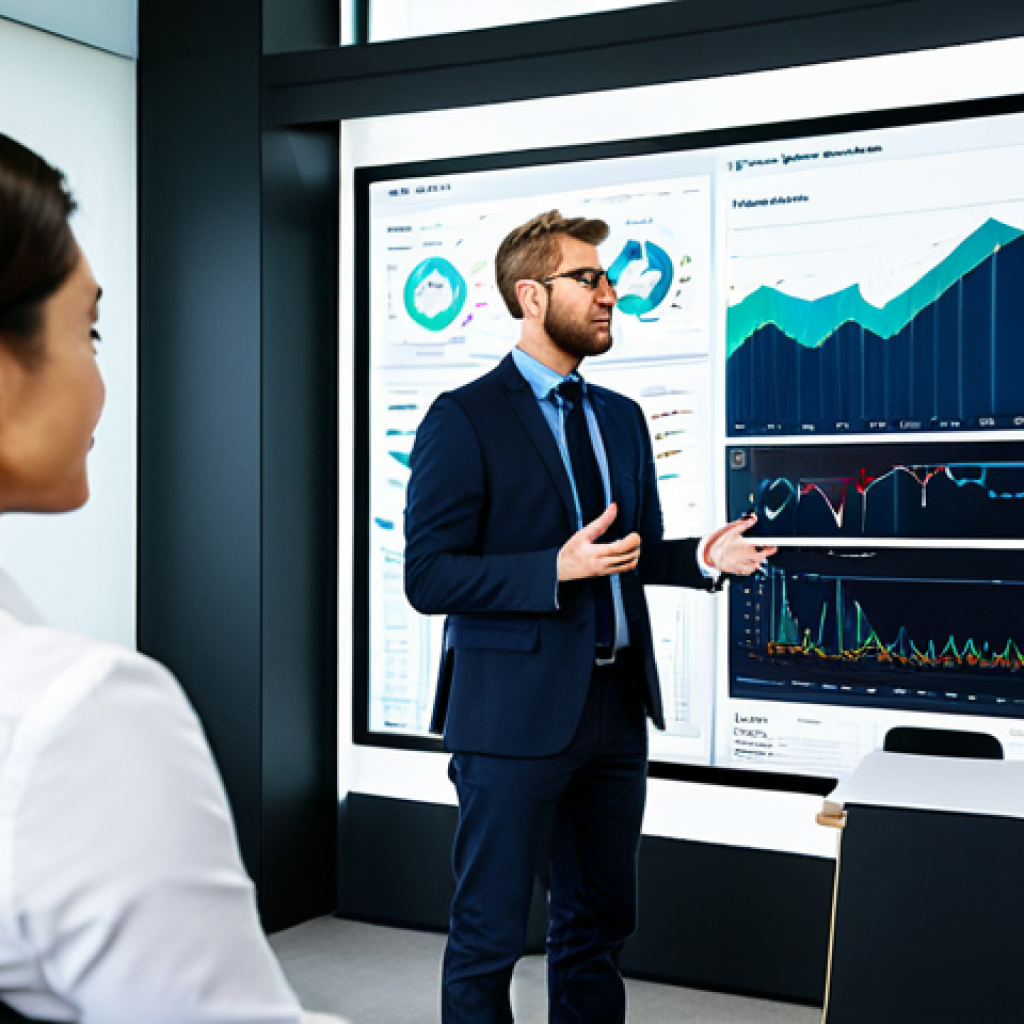 A diverse team of professionals in a modern, open-plan office. They are fully clothed in modest business attire, gathered around a large, interactive digital display showing intricate data visualizations and market trend analytics. The team members are actively engaged in discussion, gesturing towards the screen, conveying a sense of collaborative innovation. The background features contemporary office furniture and a bright, well-lit environment. Professional photography, high resolution, perfect anatomy, correct proportions, natural pose, well-formed hands, proper finger count. Safe for work, appropriate content, fully clothed, professional.