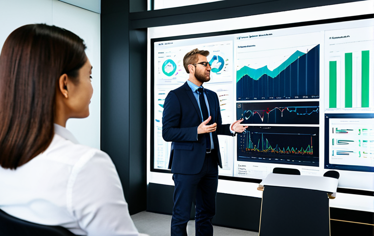 A diverse team of professionals in a modern, open-plan office. They are fully clothed in modest business attire, gathered around a large, interactive digital display showing intricate data visualizations and market trend analytics. The team members are actively engaged in discussion, gesturing towards the screen, conveying a sense of collaborative innovation. The background features contemporary office furniture and a bright, well-lit environment. Professional photography, high resolution, perfect anatomy, correct proportions, natural pose, well-formed hands, proper finger count. Safe for work, appropriate content, fully clothed, professional.