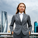 **

"A successful businesswoman in a tailored grey business suit, standing confidently in front of the Moscow City business district skyline, fully clothed, appropriate attire, safe for work, perfect anatomy, natural proportions, professional corporate photography, high quality, professional demeanor, modern architecture in the background."

**