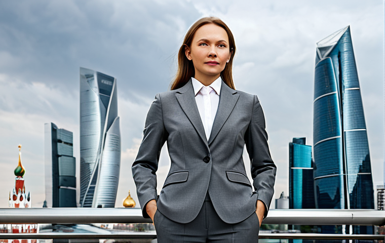 **

"A successful businesswoman in a tailored grey business suit, standing confidently in front of the Moscow City business district skyline, fully clothed, appropriate attire, safe for work, perfect anatomy, natural proportions, professional corporate photography, high quality, professional demeanor, modern architecture in the background."

**