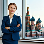 **

A professional female consultant in a stylish, modest business suit, standing in a modern Moscow office with the Kremlin visible through the window, fully clothed, appropriate attire, safe for work, perfect anatomy, natural proportions, professional corporate photography, high quality. Focus on confidence and expertise.

**