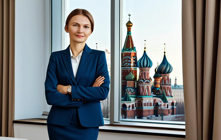 **

A professional female consultant in a stylish, modest business suit, standing in a modern Moscow office with the Kremlin visible through the window, fully clothed, appropriate attire, safe for work, perfect anatomy, natural proportions, professional corporate photography, high quality. Focus on confidence and expertise.

**