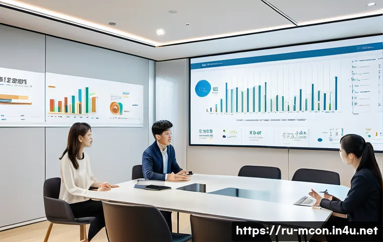 비즈니스 모델 캔버스 활용법 - A modern business meeting scene in a stylish Seoul office, featuring diverse Korean entrepreneurs in...