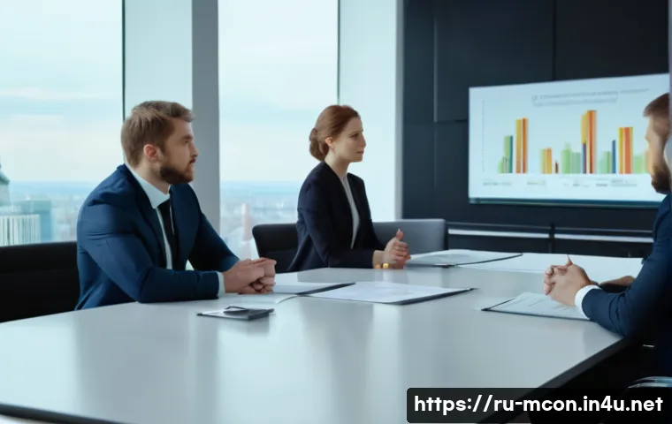 경영컨설턴트와 협상 기술 - A professional business negotiation scene in a modern office setting with diverse Russian-speaking p...