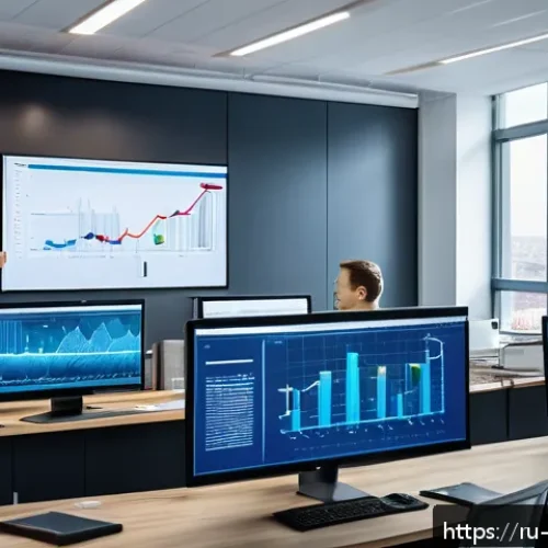 Home 17 컨설팅 프로젝트 성공 사례 - A modern office scene in a Russian IT company with a diverse team of professionals analyzing busines...