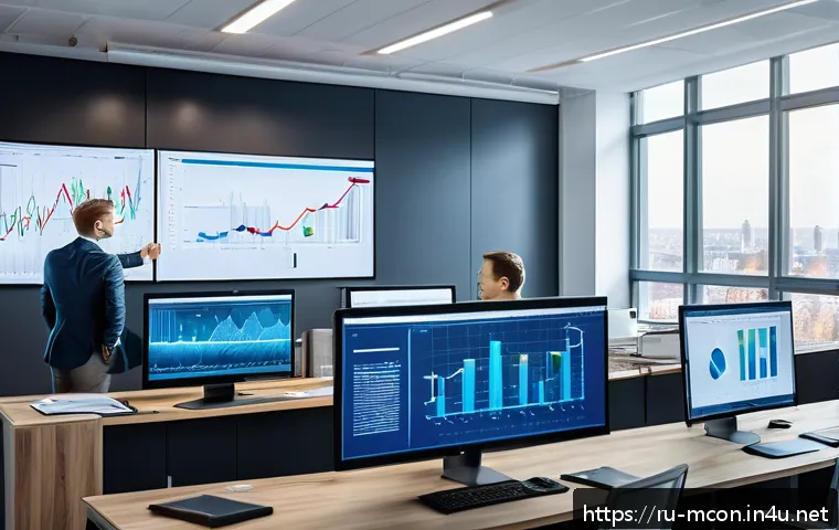 컨설팅 프로젝트 성공 사례 - A modern office scene in a Russian IT company with a diverse team of professionals analyzing busines...